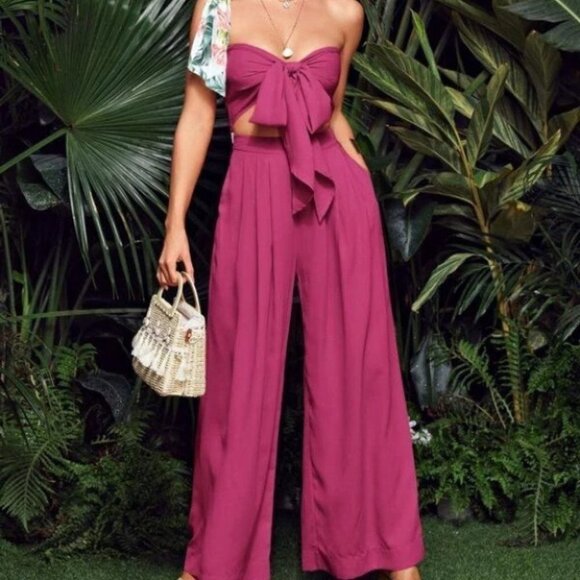 Boho Tie Front Tube Top & Pleated Wide Leg Pants Set pink violet - Picture 2 of 5